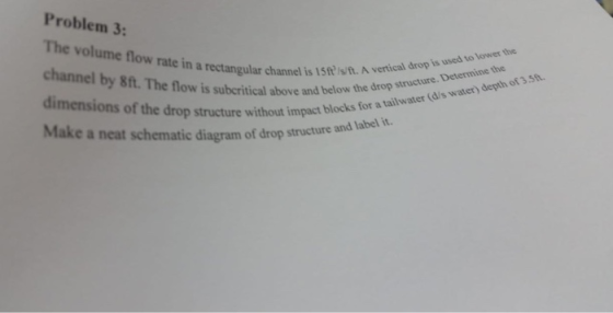 Problem 3: channel by 8ft. The flow is suberitical to lower gular channel is 15ft?is/ft. A vertical drop is used o is suberit