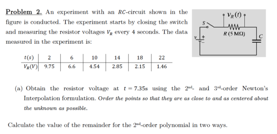 Problem 2. An experiment with an RC-circuit shown in the VR(I) figure is conducted. The experiment starts by closing the swit