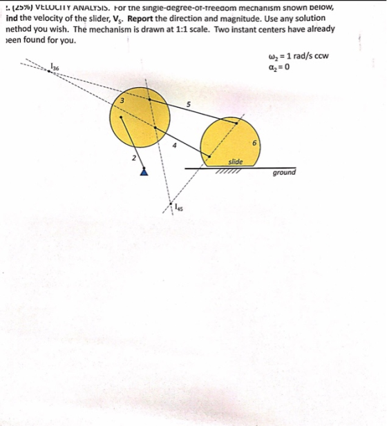 .. (25%) VELULIIY ANALYSIS, tortne sıngle-degree-or-treeaom mechanism snown Delow, ind the velocity of the slider, Vs. Report