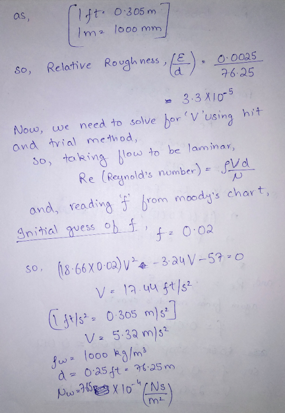 1d19 lm2 1000 mm O 305 m as, Relative Rough ness O0025 d 3.3 X105 bor vusing hit need to solve Now, we and trial method, to
