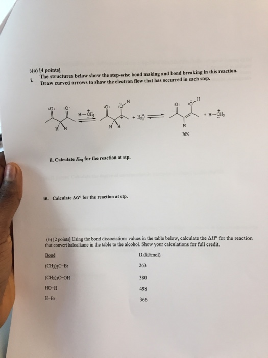 3(a) 14 points The structures below show the step-wise bond making and bond breaking in this reaction. i. Draw curved arrows