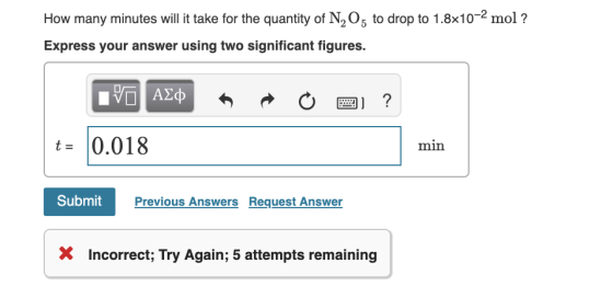 How many minutes will it take for the quantity of N2 Os to drop to 1.8x10-2 mol? Express your answer using two significant fi