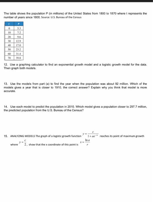 The table shows the population P (in millions) of the United States from 1800 to 1870 where t represents the number of years