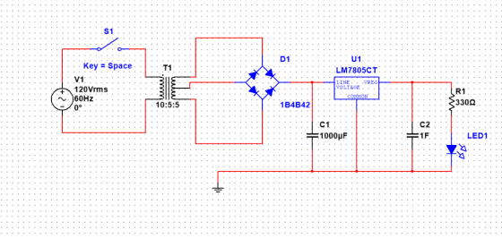 ..Sİ : Key = Space T1 LINE VOLTAGE VREG 120Vrms....* R1 60Hz 330Ω 10:5:5 . 1B4B42 C1. 1000μF | 1F LED1 | | ご