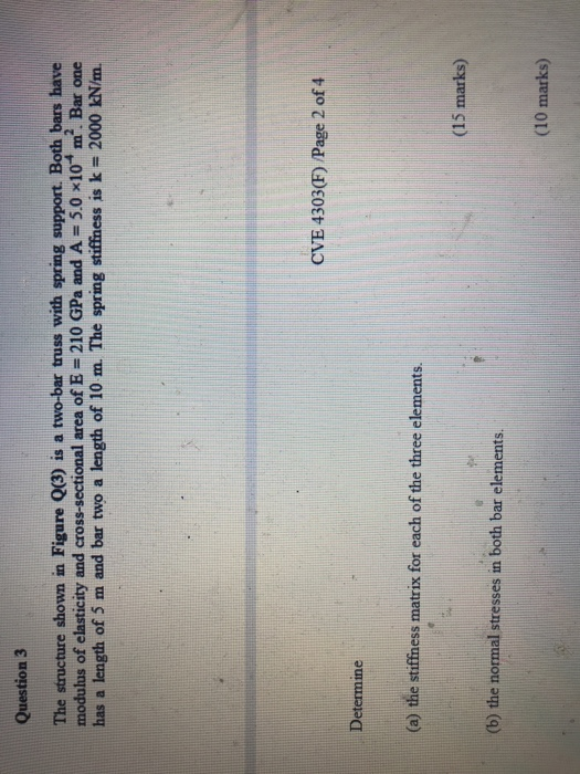 Question 3 The structure shown in Figure Q(3) is a two-bar truss with spring support. Both bars have modulus of elasticity an