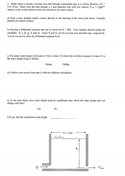 4 Water enters a circular, constant area tank through a horizontal pipe at a volume flowrate of Q- 0.35 ft/sec. Water exits t