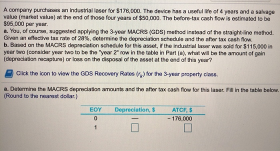 A company purchases an industrial laser for $176,000. The device has a useful life of 4 years and a salvage value (market val