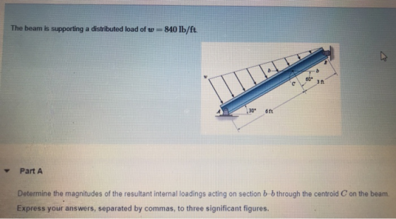 The beam is supporting a distributed load of w 840 lb/ft 60* 3ft 30 6ft Part A Determine the magnitudes of the resultant inte