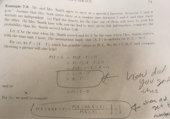 LT EDENCE 74 Example 7.9. Mr. and Mrs. Smith agree to mect at a specifiedl loen p.. Assme that they both arrive there at a ra