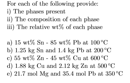 For each of the following provide: i) The phases present ii) The composition of each phase iii) The relative wt% of each phas