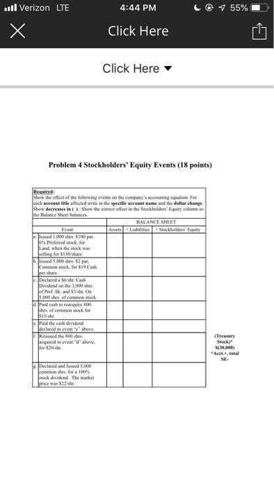 ll Verizon LTE 4:44 PM 55% Click Here Click Here Problem 4 Stockholders Equity Events (18 points) Reqaired Show the effect o