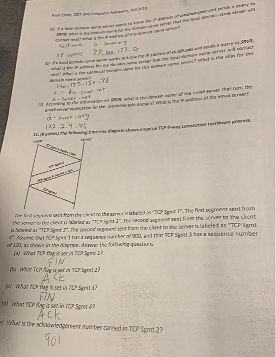 Final Exam CSIT 340 Computer Networks, Fail 2015 wants to know the iP address of amaron.com and sends a query to for the doma