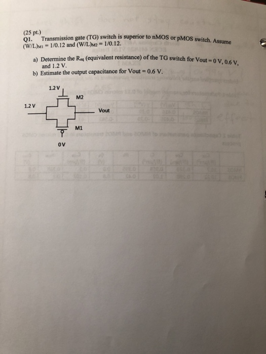 (25 pt.) 01. Transmission gate (TG) switch is superior to nMOS or pMOS switch Asu (W/L)Mi-1/0.12 and (WL)M2-1/0.12. equivalen