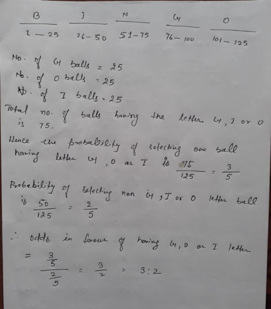 76-100 l01-125 51-75 1 25 26- 50 No G balls 25 NO O bali 25 b 7 bells 25 Total bals hawing the Ou 75 probabiety of later 0 Sa