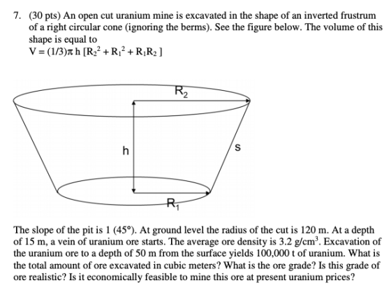 7. (30 pts) An open cut uranium mine is excavated in the shape of an inverted frustrum of a right circular cone (ignoring the