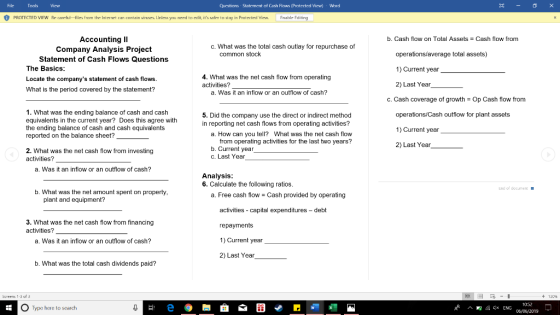 Questions Statement of Cash Flows (Protected Vicw)- Whrd File Tools Viaw PROTECTED VIEW Be careful-files fram the Internet ca