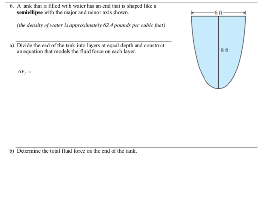 6. A tank that is filled with water has an end that is shaped like a semiellipse with the major and minor axis shown -6 ft (t