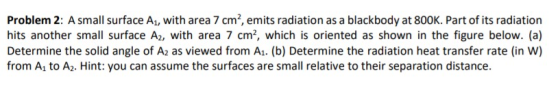 Problem 2: A small surface A1, with area 7 cm2, emits radiation as a blackbody at 800K. Part of its radiation hits another sm