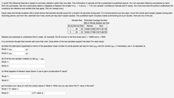 (1 point) The following Exercise is based on summary statistics rather than raw data. This information is typically all that