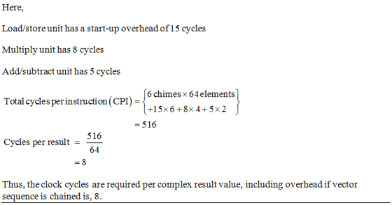 Here, Load/store unit has a start-up overhead of 15 cycles Multiply unit has 8 cycles Add/subtract unit has 5 cycles Total cy