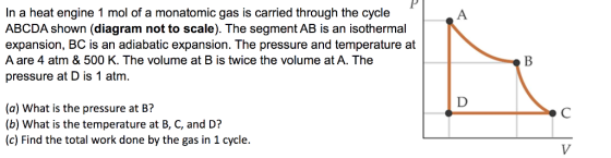P In a heat engine 1 mol of a monatomic gas is carried through the cycle ABCDA shown (diagram not to scale). The segment AB i