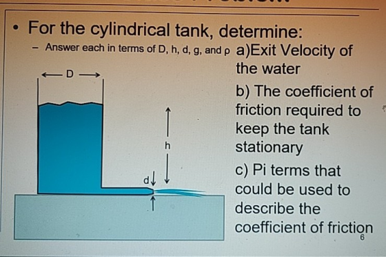 . For the cylindrical tank, determine: Answer each in terms of D, h, d, g, and p a)Exit Velocity of the water b) The coeffici