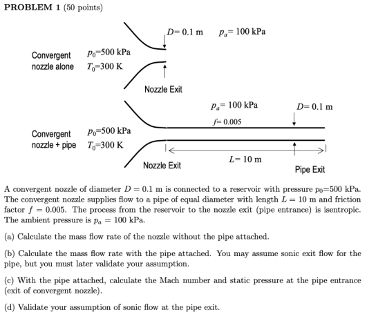 PROBLEM 1 (50 points) Pa= 100 kPa D=0.1 m Po=500 kPa To-300 K Convergent nozzle alone Nozzle Exit Pa 100 kPa f- 0.005 D= 0.1