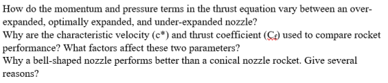 How do the momentum and pressure terms in the thrust equation vary between an over- expanded, optimally expanded, and under-e