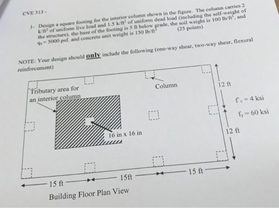 CVE 313- 1- Design a square footing for the interior column shown in the figure. The column carries 2 k t of uniform live lo