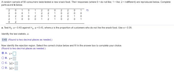 A random sample of 50 consumers taste-tested a new snack food. Their responses (where 0 do not like; 1 like; 2- indifferent)