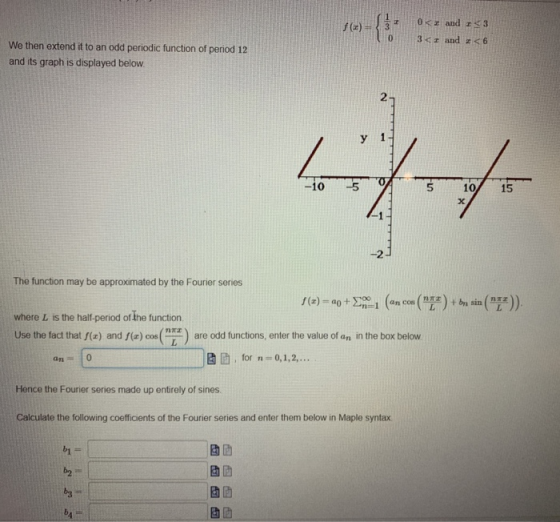 0 3 and z s 6 We then extend it to an odd periodic function of period 12 and its graph is displayed below 2 y 1 -105 5 10 15