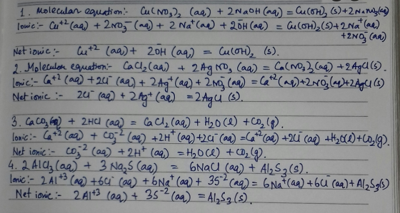1. Moleculan aauthn CuCND,2, (aa) fowic- Cut laa) + 2ND()2 Na (aa) + 2NAOH (aa)) + 20H (ae) Cuc, ()+2Nanl Cu(0H)2(42Na aa) +2