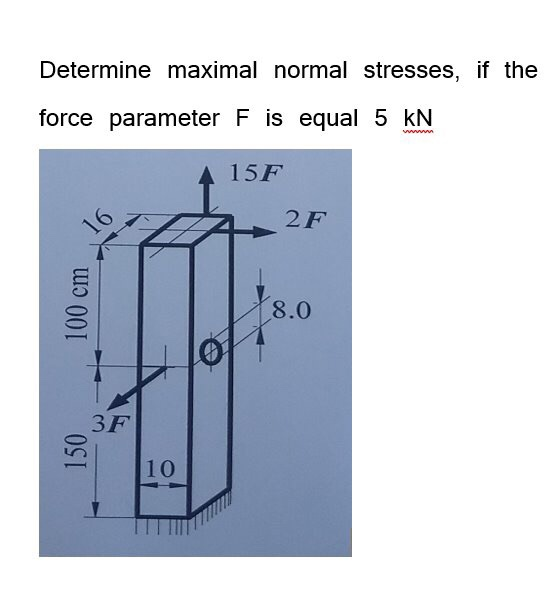 Determine maximal normal stresses, if the force parameter F is equal 5 kN ww 15F 16 2F 8.0 3F 10 100 cm 0ST