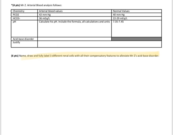 (4 pts) Mr Z. Arterial Blood analysis follows: Arterial blood values Normal Values Chemistry PCO2 42 mm Hg 40 mm Hg 22-29 mEq