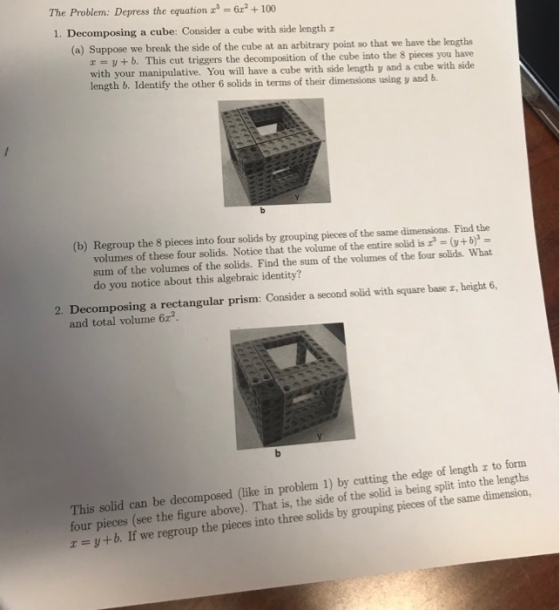 The Problem: Depress the equation r6r +100 1. Decomposing a cube: Consider a cube with side length (a) Suppose we break the s
