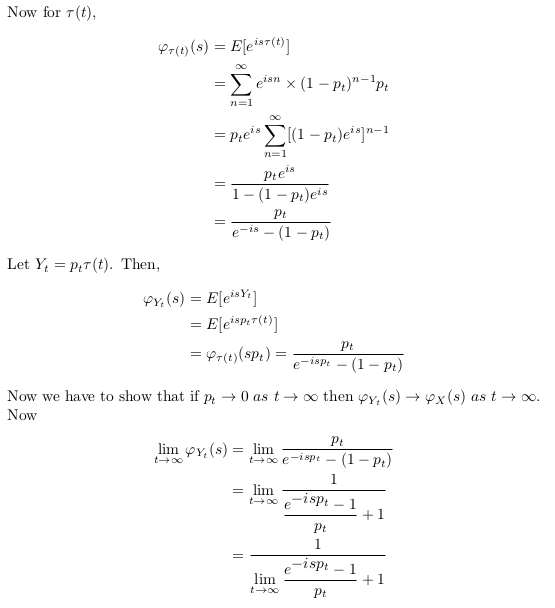 Now for T(t) Pr()(s) = Eleia( n-1 (1 P)Pt n-1 =Pte(1-P)e]-1 n=1 Preis 1 - (1-)eis Pt ei-(1 t -is Let Y Tt) Then Pr(s)EleY