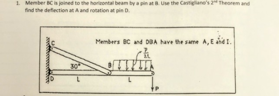 Member BC is joined to the horizontal beam by a pin at B. Use the Castiglianos 2nd Theorem and find the deflection at A and