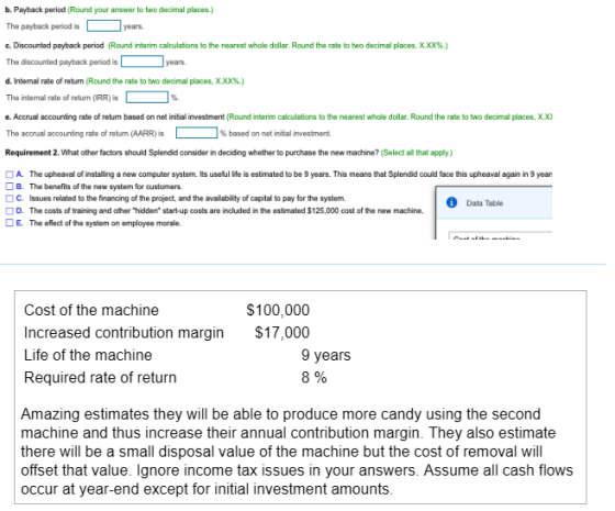 b. Payback period (Round your answer to two decimal places.) The payback period is years. c. Discounted payback period (Round