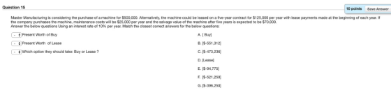 Question 15 10 points Save Answer Master Manufacturing is considering the purchase of a machine for $500,000. Alternatively,