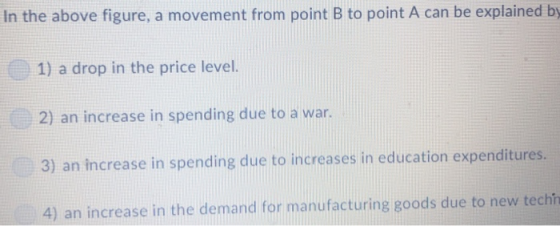 In the above figure, a movement from point B to point A can be explained by 1) a drop in the price level. 2) an increase in s
