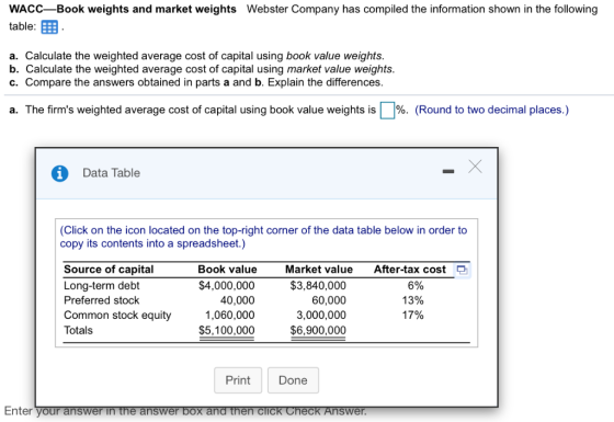 WACC-Book weights and market weights Webster Company has compiled the information shown in the following table a. Calculate t