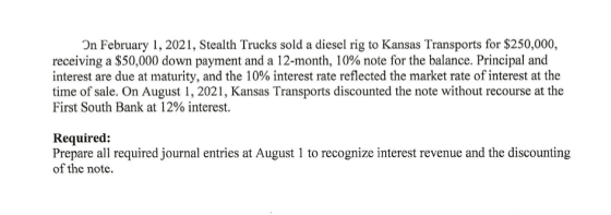 On February 1, 2021, Stealth Trucks sold a diesel rig to Kansas Transports for $250,000, receiving a $50,000 down payment and