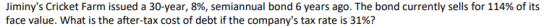 Jiminys Cricket Farm issued a 30-year, 8%, semiannual bond 6 years ago. The bond currently sells for 114% of its face value,