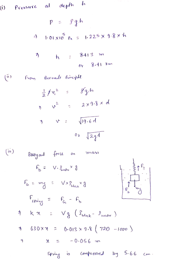 (i) Pressure al dpflh 5 413 m oY 8.41 k 2 19.6 d Buoyat frru mas ทา bler 3 bleck んattf 0.056 m