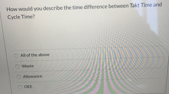 How would you describe the time difference between Takt Time and Cycle Time? All of the above Waste Allowance OEE