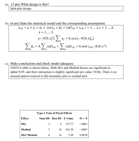 (a) (3 pts) What design is this? Split-plot design (b)_(6 pts) State the statistical model and the corresponding assumptions