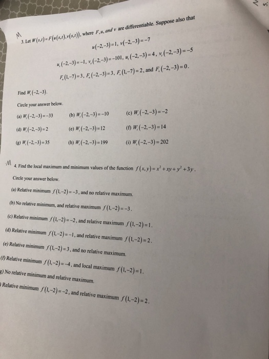 3 Ltuts.),)wher F.,and v are differentiable. Suppose also that (-2-)1 (-2-3)--101, u (-2-3)-4, x (-2-3)--5 F (L-7)-3, F(-2-3)