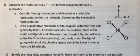 1) Consider the molecule [Nicl]. It is tetrahedral geometry and Ta symmetry Consider the sigma-bonding and determine a reduci