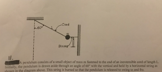 Cord p 60° String A pendulum consists of a small object of mass m fastened to the end of an inextensible cord of length L. In