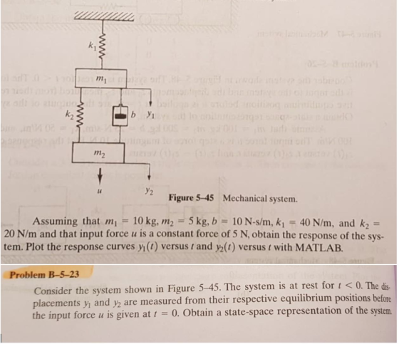 mi k2 b yi m2 Figure 5-45 Mechanical system. Assuming that mi 10 kg, m2 5 kg, b 10 N-s/m, k 40 N/m, and k 20 N/m and that inp